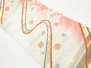 曲線に草花模様織出し袋帯